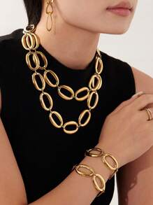 1pc European & American Exaggerated Geometric O-Shape Link Design Necklace & Bracelet Set - Oval Hollow Set - View 1