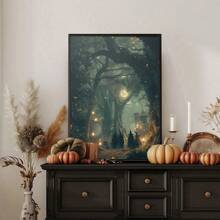 1pc, Canvas Hanging Painting, Framed Art Decoration, Ready To Hang, Wall Arts, Posters, Wall Art With Frame, Vintage Gothic Witch Mural In The Magic Forest, Mythical Witch Halloween Poster Print, Witchcraft Mural, Mysterious Dark College, Fall, Halloween, Halloween Autumn Decoration, Room Decoration, Dormitory Decoration ,Halloween Decor Home Decor Fall Decor