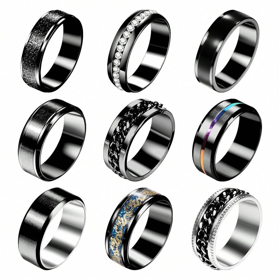 9PCS Stainless Steel Rings For Men High Polished Mens Band Wedding Engagement Fidget Rings Spinning Band Size 7-13 - Black - View 1