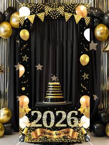 1件2026新年黑金气球拍照背景布，2026新年派对装饰道具，黑金气球图案，2026新年主题派对悬挂装饰横幅，2026新年快乐拍照道具，新年礼物，新年装饰用品，主题派对悬挂装饰，派对礼物 - 黑金氣球 - 查看 10