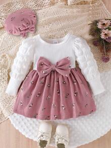 2pcs/Set Baby Girl Elegant Casual Layered Bow Patchwork Colorblock Mini Ditsy Floral Long Sleeve Dress With Matching Floral Hat