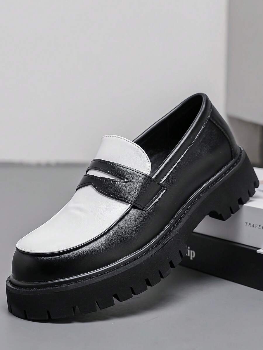 2025 New Men's Formal Slip-On Loafers [ Street Style], Black & White Patchwork Thick Sole Loafers, British Style Slip-On + Premium Leather Patchwork, Unique Serrated Outsole For Height Increase & Slimming, Suitable For Casual, Business And Various Styles
