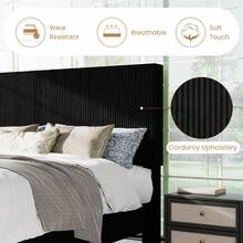 SHA CERLIN Full/Queen/King Bed Frame, Velvet Platform Bed Frame With Vertical Channel Tufted Headboard, Upholstered Corduroy, Strong Wooden Slats, Mattress Support, No Box Spring Needed, Easy Assembly, Black - màu đen - Xem 4