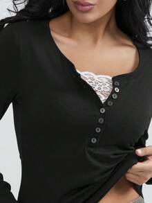 Women Teen Girls Clothes Lace Stitching V-Neck Fairy Crop Tops Y2K Long Sleeve Tight Shirt Spring Fall Downtown Girl Coquette Clothing Tops For Girls - 黑色 - 查看 5