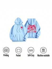 Women's Street Style Palm Tree Print Hoodie - Relaxed Fit With Palm Tree And 'positive Energy' Graphics, Surf Wave Design,  Pocket, Casual Sport Sweatshirt, Comfortable Everyday Top