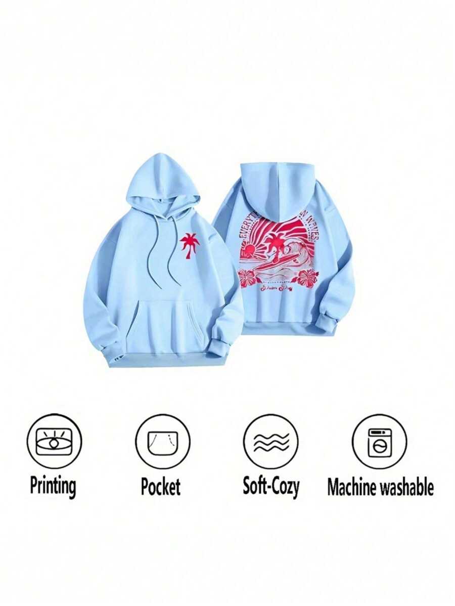 Women's Street Style Palm Tree Print Hoodie - Relaxed Fit With Palm Tree And 'positive Energy' Graphics, Surf Wave Design,  Pocket, Casual Sport Sweatshirt, Comfortable Everyday Top