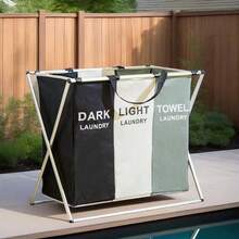 Multi-Compartment Laundry Basket, Clothes Storage Organizer, Collapsible 3-Sections Laundry Hamper With Aluminum Frame, Suitable For Bathroom, Bedroom, Garage - Multicolor - View 10