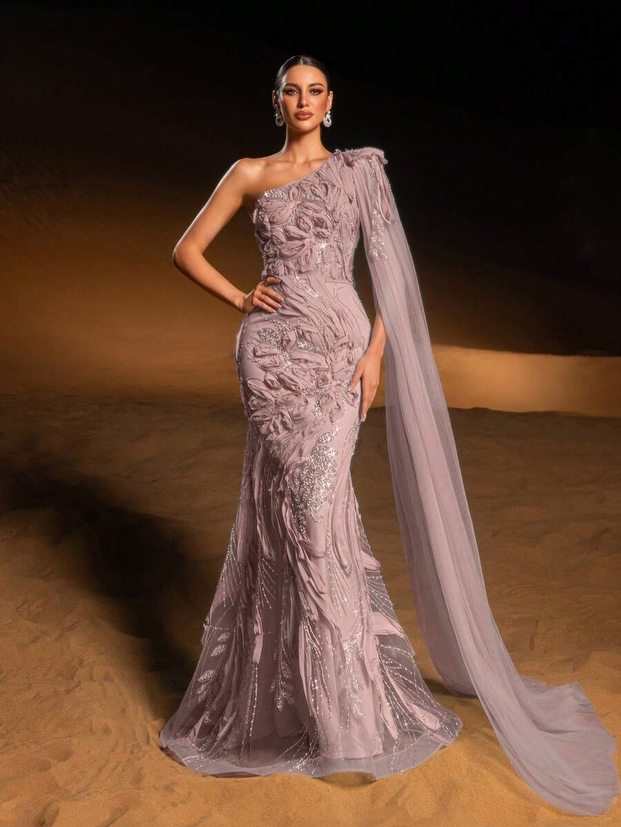 GIFORU Luxurious Lavender One-Shoulder Evening Gown – Elegant Floral Crystal Beading & Sheer Cape For Red Carpet Galas White Dress New Year Elegant Dresses For Party Elegant Long Graduation Dress Sparkly Dress - 藕粉色 - 查看 1