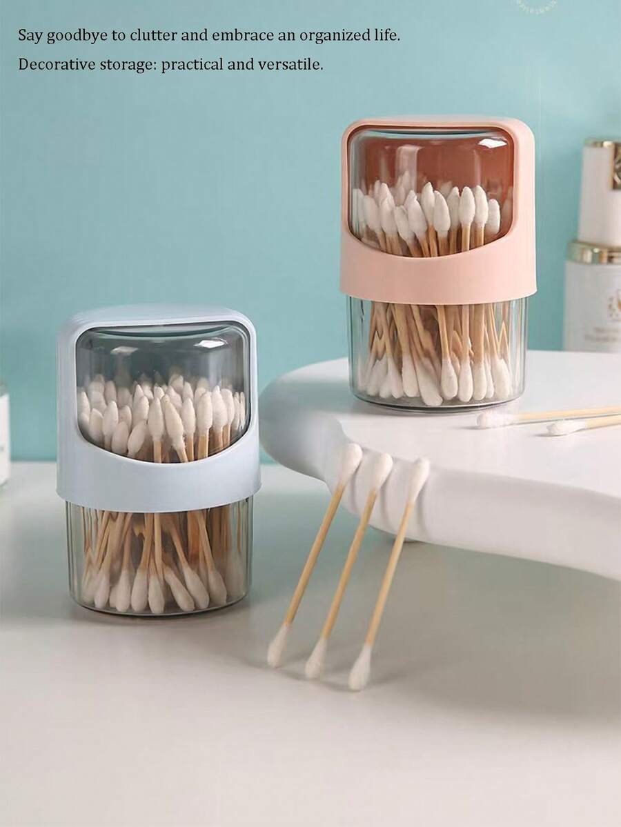 1pc Rotating Cotton Swab Holder With Lid, Round Desktop Cotton Pad Box, Plastic Makeup Remover Pad Storage Container, Transparent Toothpick Dispenser - Multicolor - View 1