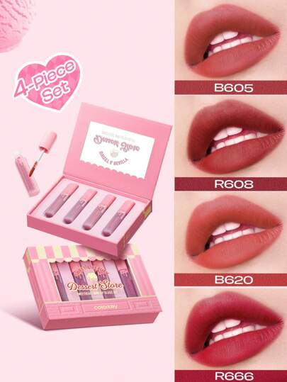 COLORKEY 4 pièces Coffret cadeau de teinte à lèvres en velours, rouge à lèvres liquide, mat, brumisateur, brillant à lèvres, longue tenue, lisse, sans tasse, pour débutantes, pour femmes, pour usage quotidien, cadeau pour femmes, mère, épouse, sœur, adolescente, amie, pour fête, pour voyage, fête, plage, voyage, vacances, camping, extérieur, maquillage naturel pour l'école, maquillage doux, maquillage audacieux, maquillage de rendez-vous, Noël, cadeaux de Noël, maquillage