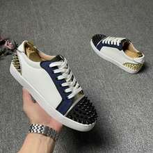 Red Sole Sneakers With Rivets Men, Casual Versatile Lace-Up Shoes - White Counter Version - View 10