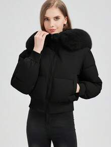 FANMUER Nuovo cappotto imbottito corto da donna con cappuccio e colletto in pelliccia sintetica, maniche lunghe regolari e chiusura con zip, casual per l'inverno