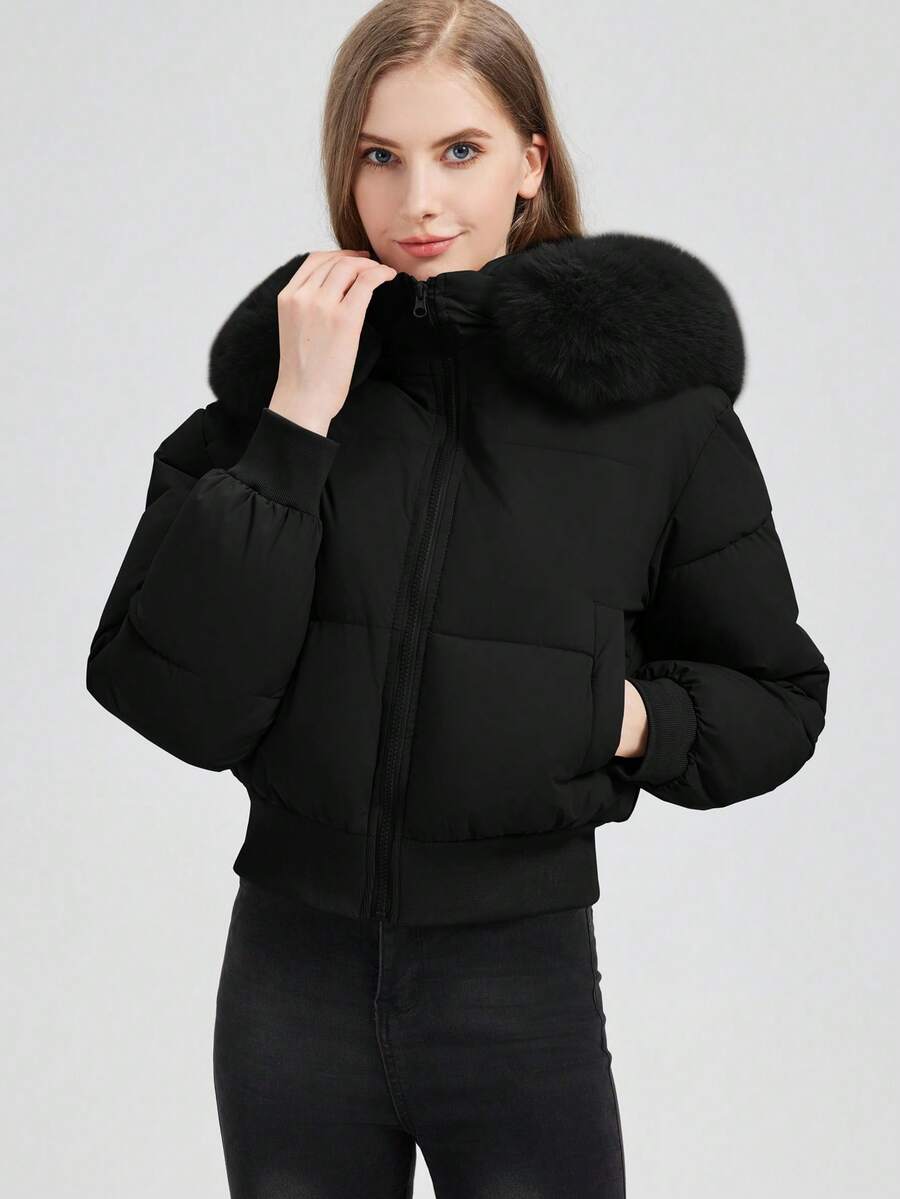 FANMUER Nuovo cappotto imbottito corto da donna con cappuccio e colletto in pelliccia sintetica, maniche lunghe regolari e chiusura con zip, casual per l'inverno