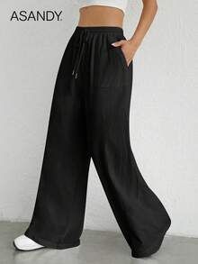 2pcs/Set Loose Fit Wide Leg Pants, Drawstring Waist Plain Color Casual Trousers Summer - Multicolor - View 5