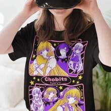 Anime Chobits T-Shirt  Graphic Tee  Her Gift  Anime Lover Shirt Wo's T-Shirt  Girl Shirt AestheticPlus Size Butterfly Graphic T-Shirt For Women, 220g High-Quality Pure Cotton T-Shirt With Minimalist Printing, Soft And Breathable Fabric, Comfortable And Loose, Suitable For All Day Wear, Suitable For Office Casual Wear, Spring And Summer Daily Appearance, Elegant And Youthful Design - 黑色2 - 查看 1