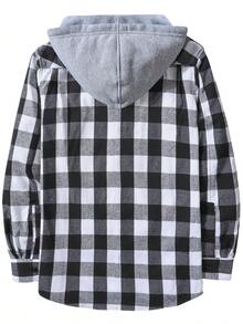 Mens Flannel Hoodie Shirts Long Sleeve Casual Plaid Jackets - White and Black - View 2