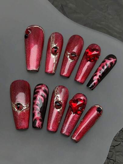 10 Stücke/Set handgemachte acryl Aufklebe-Nägel in Sarg-Form, Halloween Nägel, Nagel-Zubehör, Gothic Stil Nägel, 3D Dämonenaugen Nägel, handbemalte Knochen Nägel, Fake Nägel, abnehmbare Fake Nägel, Nagel-Kunst-Zubehör, geeignet für Partys, Tanzen, Alltag, Studentenpartys, Aufkleben und wiederverwendbar, mit Gelee-Kleber und Nagelfeile DIY Nagel-Zubehör