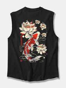 Áo tank top nam màu đen YUNCHIC, phong cách thường ngày và đa năng, phù hợp cho mùa hè, họa tiết cá chép Trung Quốc, phong cách tối giản kiểu , dễ dàng chuyển đổi từ phòng tập đến đường phố, có thể phối hợp với các trang phục tương phản. - màu đen - Xem 3