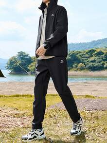 CAMEL CROWN 男士户外运动套装两件套，保暖、防风、防静电，休闲徒步夹克套装，秋冬季 - 幻影黑 - 查看 1