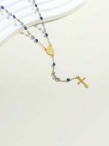 1pc Virgin Mary Rosary Beads Stainless Steel Cross Pendant Y Necklace For Women Religious Jewelry