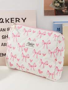 Pink Bow Pattern Cosmetics Storage Bag Large Capacity Travel Toiletry Bag Lovely Heart Print Makeup Bag Foam Quilted Travel Essentials Organizer Bag Cute Ribbon Bow Print Makeup Pouch Soft Fabric Skincare Storage Bag Small Items Storage Bag Soft Fabric Home Items Storage Bag Portable Cosmetics Organizer Bag With Zipper Make Up Holder Brush Bag - Pink - View 9