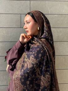 1 件女士佩斯利花纹和花卉刺绣波西米亚风格头巾围巾，复古休闲防晒披肩，适合日常穿着，秋冬