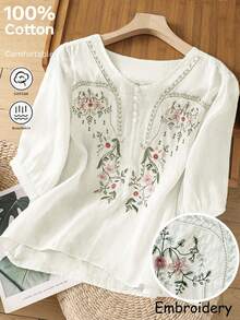 Women's Lightweight Sheer Floral Embroidered Round Neck Casual Loose Blouse, Spring/Summer