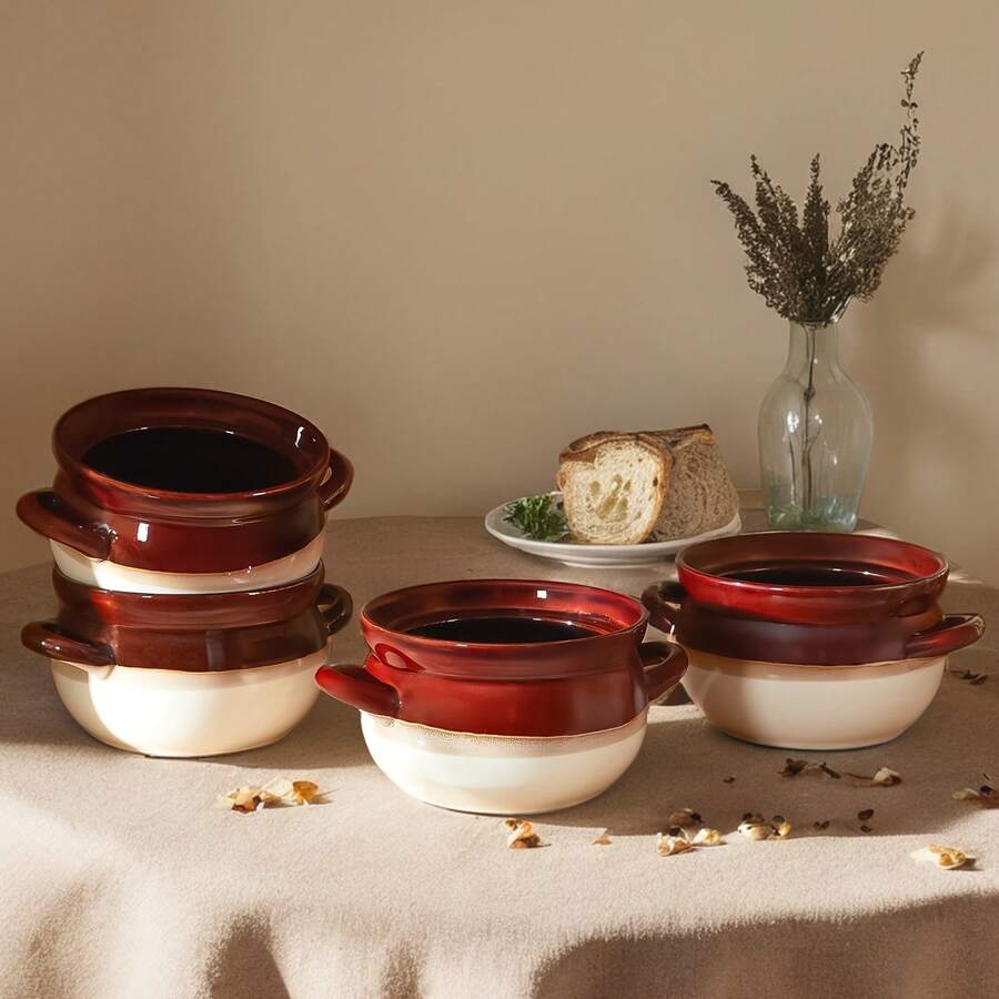 4pcs, 30 Oz Soup Bowls With Handles- Versatile Ceramic French Onion Soup Bowls Set, Microwaveable, Oven Heated, Lead-Free, Durable, Easy To Clean - Perfect For Kitchen Dinnerware, Soup, Salad, Dessert, Rice, Noodles - Đồng - Xem 1