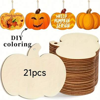 21pcs DIY Coloring Artificial Wood Laser-Cut Thanksgiving Pumpkin Decorations - 3 Designs (Plain, Autumn Leaves & Fall Foliage) With Pre-Attached Hanging Loops, Battery-Free Halloween, Thanksgiving & Fall Harvest Season Home Decor, Fall Decorations For Home, Holiday Crafts, Traditional Style
