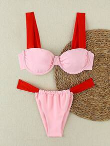 新款春夏性感休闲优雅红粉撞色沙滩度假派对约会比基尼泳装，女士度假必备 - 彩色 - 查看 2