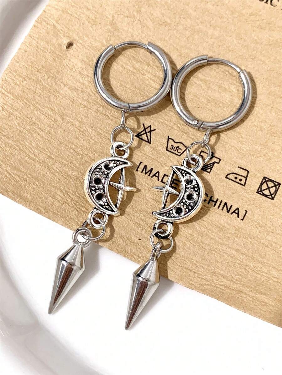 1 Pair Punk Rock Stainless Steel Spike Star & Moon Earrings, Suitable For Women's Daily Wear Gothic Jewelry - Silver - View 1
