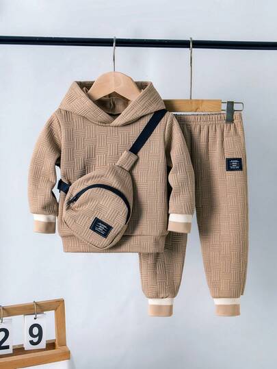 Bhchntiy Set da 3 pezzi per bambino, composto da felpa con cappuccio a tinta unita con polsini strutturati, pantaloni e borsa a tracolla diagonale, outfit casual di moda per l'autunno/inverno