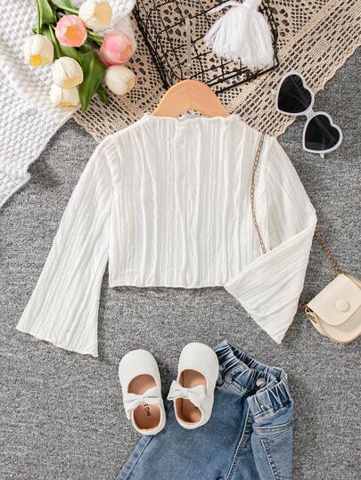 女童休闲纯色高领喇叭袖T恤上衣，春秋季