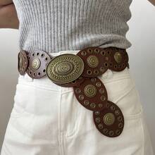 1pc Western Cowboy Bohemian Style Country Belt, Women's Fashion Accessory, Retro Bronze Floral Hollow Buckle Oval Belt Waist Chain, Bohemian Style Belt And Dress Accessory Halloween Valentine's Day Valentines - 棕色 2 - 查看 9