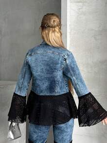 Women's Casual Pocket Front Button Thin Patchwork Jean Jacket, College Style - Blue - View 3