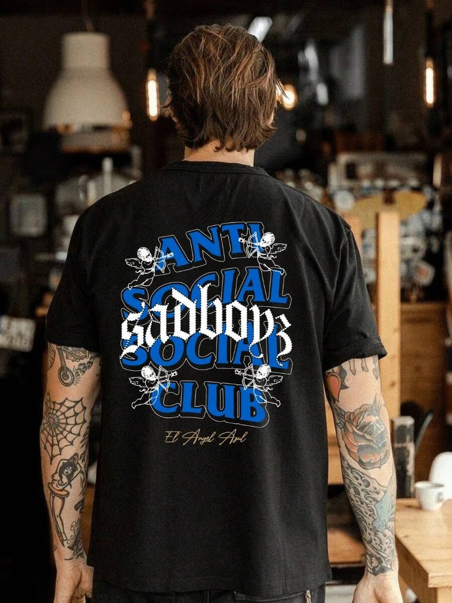 Playera 100% Algodón Peinado Cuello Redondo Modelo Anti Social x Sad Boyz El Azul de Junior H Sad Boyz Unisex