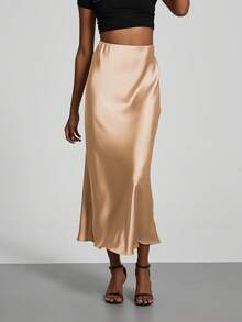 女士时尚弹力缎面触感缎面长裙，适合所有季节 - 肉桂色 - 查看 6