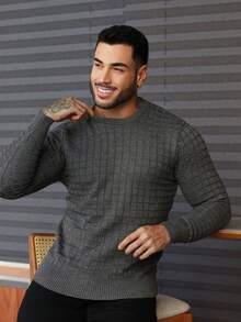 Men's Knitted Sweater, Long Sleeve, Solid Color, Autumn Winter, Chic, Elegant, Father's Day - 石墨 - 查看 1