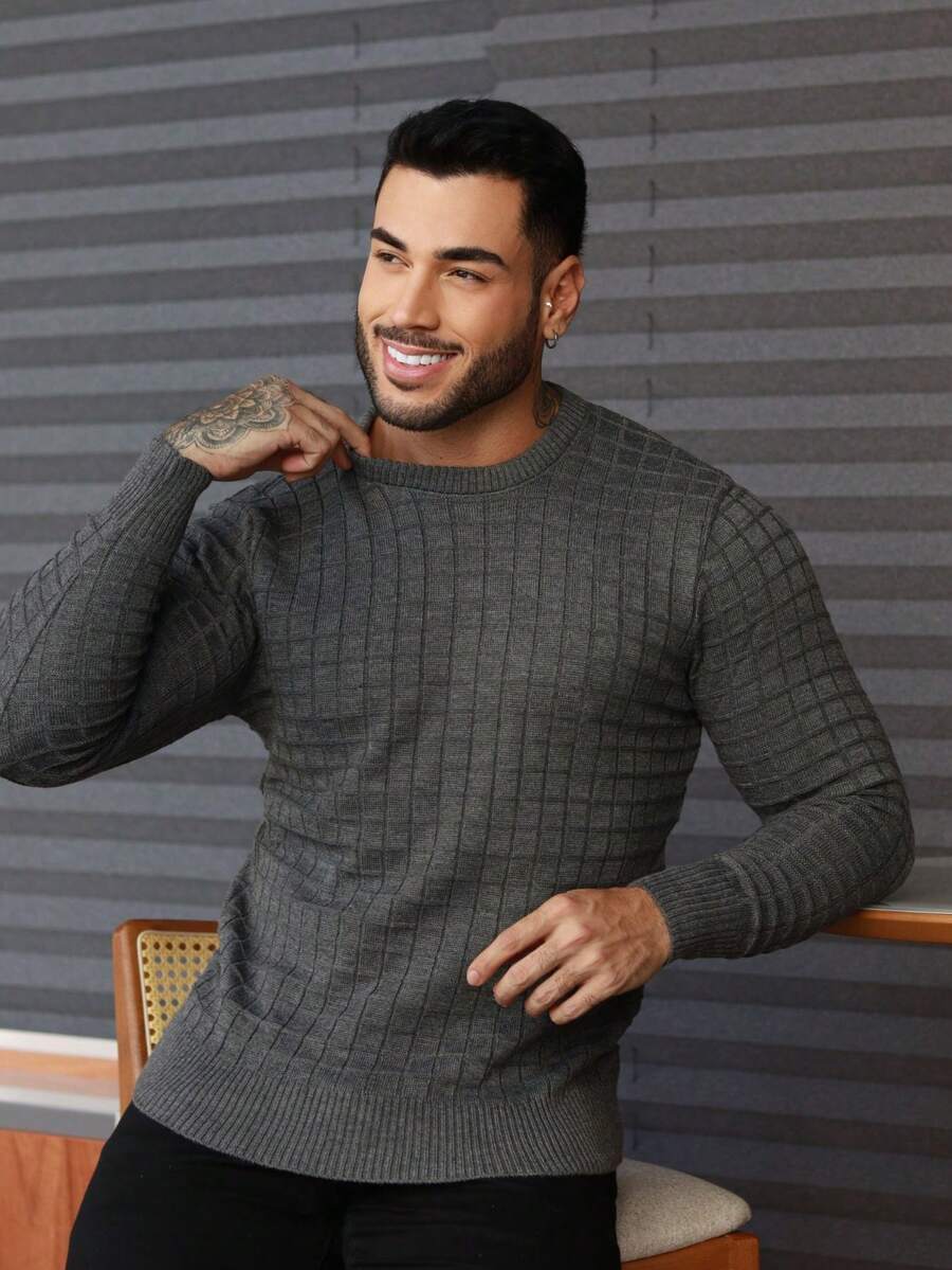 Men's Knitted Sweater, Long Sleeve, Solid Color, Autumn Winter, Chic, Elegant, Father's Day - 石墨 - 查看 1