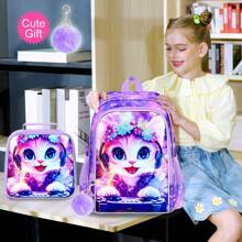 3PCS Girls Backpack, 16 "Kids Cat Play Bookbag, School Bag For Elementary Preschool Toddler