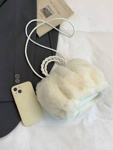 女士毛绒小水桶包，时尚简约手提包，毛茸茸休闲托特包，百搭可爱女士包，配有编织肩带和抽绳，新款女士皮草包 - 彩色 - 查看 12