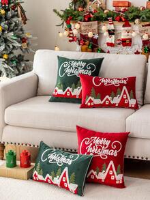 1pc Christmas Snowhouse Embroidered Plush Velvet Cushion Cover, Soft & Comfortable Christmas Decorative Pillow Sham, Fits Multiple Room Styles, Pillow Insert Not Included Home Decor Christmas Decorations Room Decor Christmas Decorations Home