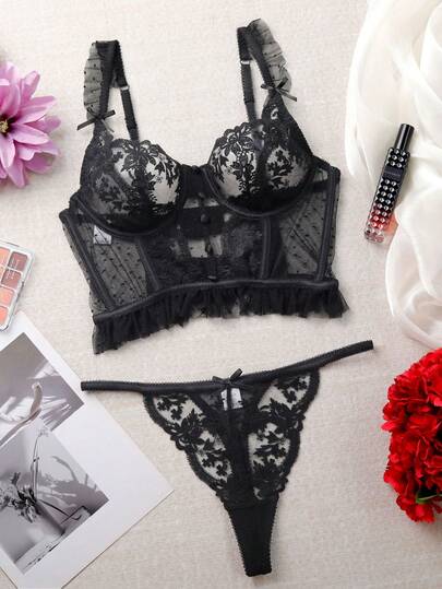 Conjunto de lencería sexy para damas con sujetador con soporte de acero y bordado floral, 2 piezas