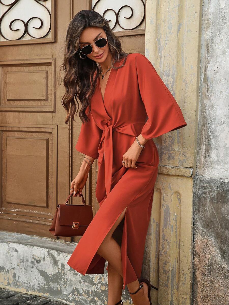 Đầm midi nữ màu trơn thắt eo tay lửng thanh lịch mùa xuân - Gỗ đỏ - Xem 1