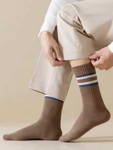 1/5 Pairs Men's Color Block Striped Thermal Lined Comfortable Soft Simple Casual Business Sports Mid,Calf Socks, Cozy Socks - Multicolor - View 10