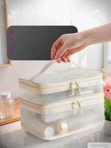 1pc Double-Layer Mesh Cosmetic Bag, Transparent Portable Organizer, Makeup Brush Holder, Popular Toiletry Bag, Cosmetics Storage Pouch, Large Capacity Multi-Compartment Design, Hand Bag, Beach Bag, Mesh Tote, Makeup Bag Makeup Travel Toiletry Organizer Clear Essentials Gifts Storage Zipper Accessories Nail Bags, Makeup Bag, Storage, Makeup Organizer