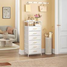 Hzuaneri Mesita de Noche, Mesita Auxiliar con 6 Cajones de Tela y Compartimento Abierto, Mesa Lateral de Sofá de Moderna, para Dormitorio y Sala de Estar, 30 x 40 x 96 cm, Blanco