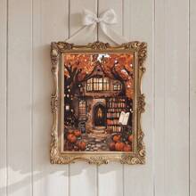 1pc, Canvas Hanging Painting, Framed Art Decoration, Ready To Hang, Wall Arts, Posters, Wall Art With Frame, Fantasy Bookstore Art, Fall Decoration, Rustic Fall Decoration, Halloween Wall Art, Vintage Halloween Paintings, Melancholic Fall Prints, Dark Preppy Fall Posters, Doorway Pumpkin Decoration, Maple Leaves, Fall, Halloween, Halloween Room Decoration, Halloween Dorm Decoration, Wall Decoration