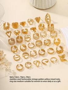 24 chiếc nhẫn thép không gỉ thời trang cổ điển màu vàng áp suất dầu nhiều kiểu dáng, kiểu dáng nhẫn ngẫu nhiên, kích thước ngón tay là một kích thước, thích hợp cho trang phục hàng ngày của phụ nữ hoặc làm quà tặng - Vàng - Xem 3