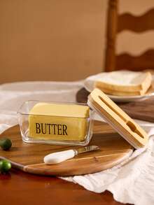 Cirelle 1pc Acacia Wood Lid Glass Butter Dish Set. Thick Glass Butter Container With Bamboo Lid For Home Kitchen, Large Butter/Cookie/Snack Storage, Suitable For Gifts, Christmas Present - Multicolor - View 4